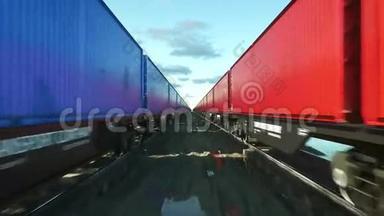 货物集装箱的货运列车。 神秘的概念。 真实的<strong>电影</strong>4k动画。