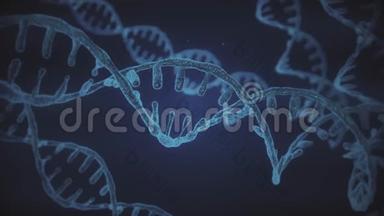 具有景深的抽象蓝色闪闪发光的<strong>DNA</strong>双<strong>螺旋</strong>.. 来自debrises的<strong>DNA</strong>构建动画。 科学