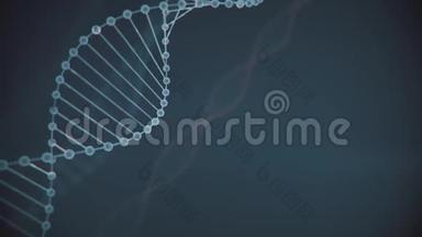 具有景深的抽象蓝色闪闪发光的<strong>DNA双螺旋</strong>.. 来自debrises的<strong>DNA</strong>构建动画。 科学