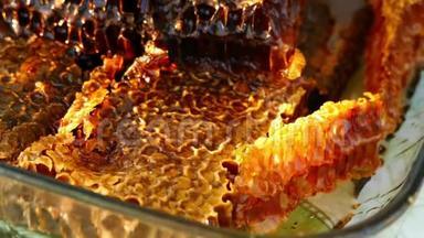 在玻璃碗蜂窝蜜，蜂蜜梳子在封闭的玻璃碗与拉伸膜，