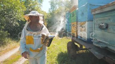 养蜂人在蜂群里工作的蜂群飞行多彩蜂窝慢动作视频。 养蜂人