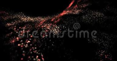 在黑色背景上跳舞的红色和黄色粒子4k渲染循环视频动画。