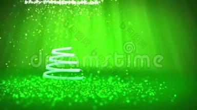 绿色圣诞树从发光<strong>发亮</strong>的粒子在左边广角拍摄。 圣诞节背景下的冬季主题