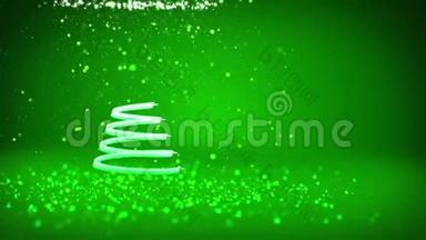 绿色圣诞树从发光发亮的粒子在左边广角拍摄。 圣诞节背景下的冬季主题