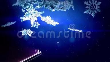 美丽的3D<strong>雪花</strong>在空气中缓慢地<strong>漂浮</strong>，并在蓝色背景上发光。 作为圣诞动画使用，新