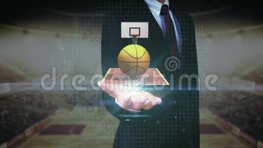 商人张开手掌，围绕篮球图标，球场，门柱。