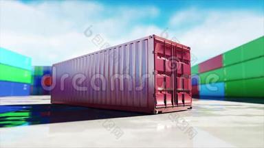 集<strong>装箱</strong>在仓库，码头，海港。 货物集<strong>装箱</strong>。 物流和商业理念.. 现实的4k动画。