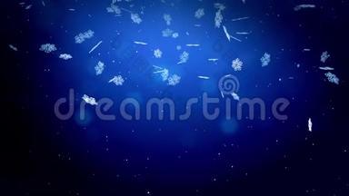 装饰的3d<strong>雪花漂浮</strong>在空气中，晚上在蓝色背景上发光。 作为圣诞动画使用，新年