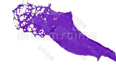 紫罗兰色油漆飞溅在空气中，以缓慢的运动与阿尔法通道使用阿尔法面具卢玛哑光。 彩色液体飞舞
