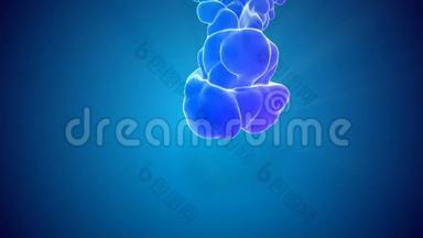 3蓝色背景下，发光墨水的多色流动在水中缓慢运动的D动画。 <strong>冷色</strong>的墨水