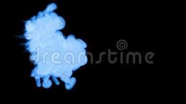 蓝色发光的墨水在水中的黑色背景。 三维动画墨水与卢马哑光作为阿尔法通道的效果或