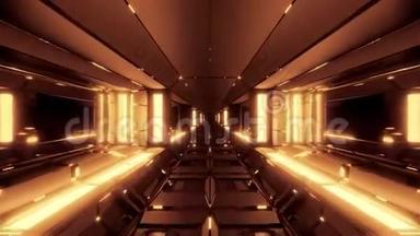 未来感空间飞机库隧道走廊与发光灯和反射3d插图3d渲染现场
