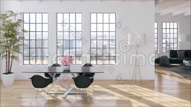 现代明亮的内部公寓客厅配有沙发3D渲染插图
