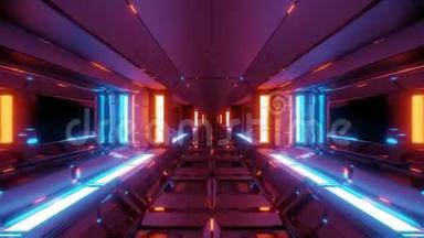 未来感空间飞机库隧道走廊与发光灯和反射3d插图3d渲染现场