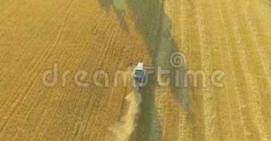 超高清4K鸟瞰图.. 联合收割机上的低空飞行在黄色的农村地区收割小麦。