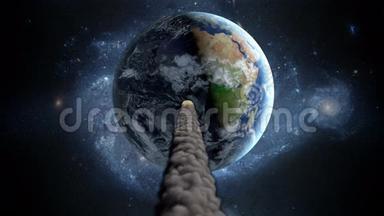 小行星，陨石飞向地球。 外层空间。 世界末日