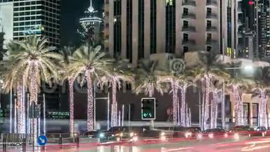 迪拜城市夜间照明<strong>交通道路</strong>交叉口4k时间