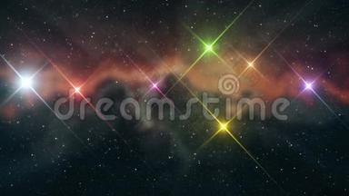 七颗彩虹色的星星闪烁着柔和动人的星云夜空动画背景新品质大自然的光芒