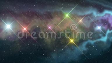 七颗彩虹色的星星闪烁着柔和动人的星云夜空动画背景新品质大自然的光芒