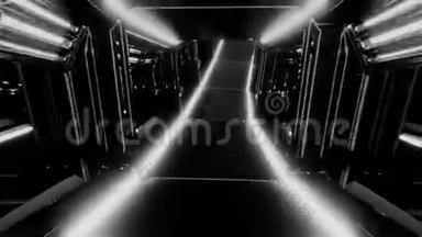 前卫感的隧道走廊三维插图与发光灯和玻璃窗运动背景活壁纸