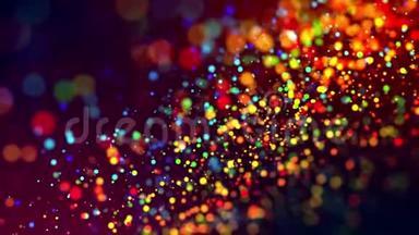 五彩的粒子，如纸屑或碎片，漂浮在<strong>粘稠</strong>的液体中，在光线中闪烁，具有一定的景深