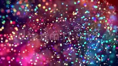 五彩的粒子，如纸屑或碎片，漂浮在<strong>粘稠</strong>的液体中，在光线中闪烁，具有一定的景深