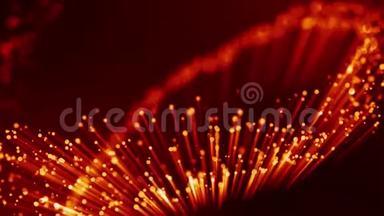 <strong>红色</strong>黄色发光粒子的4k三维动画漂浮在粘稠液体中，并用<strong>光线</strong>闪烁。 它是明亮的