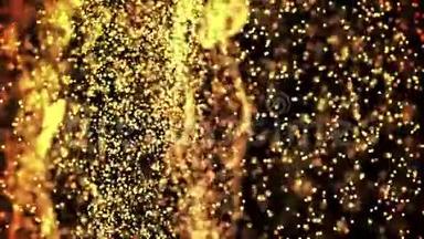 <strong>金色</strong>闪闪发光的粒子在粘稠的液体中移动。 它<strong>明亮</strong>的节日背景和闪闪发光的粒子深度