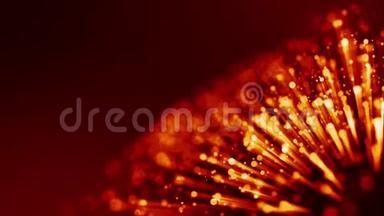 <strong>红色</strong>黄色发光粒子的4k三维动画漂浮在粘稠液体中，并用<strong>光线</strong>闪烁。 它是明亮的