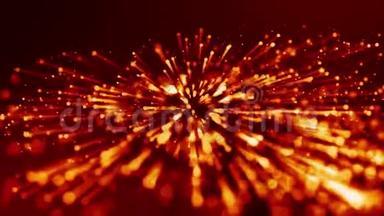 红色黄色发光粒子的4k三维动画漂浮在粘稠液体中，并用光线闪烁。 它是明亮的