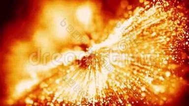 红色黄色发光粒子的4k三维动画漂浮在粘稠液体中，并用光线闪烁。 它是明亮的