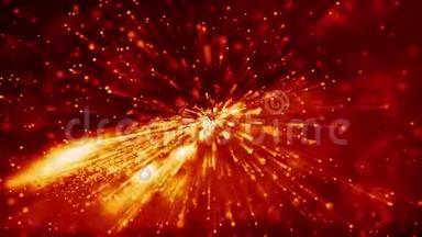 红色<strong>黄色</strong>发光<strong>粒子</strong>的4k三维动画漂浮在粘稠液体中，并用光线闪烁。 它是明亮的