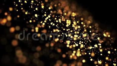 金色闪闪发光的粒子在<strong>粘稠</strong>的液体中移动。 它明亮的节日背景和闪闪发光的粒子深度