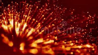 红色黄色发光粒子的4k三维动画漂浮在<strong>粘稠</strong>液体中，并用光线闪烁。 它是明亮的