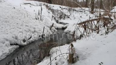 小溪在树林里的冬天自然流淌着水，<strong>小河</strong>在雪地里的<strong>风景</strong>