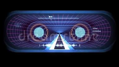 通过虚拟现实蓝色霓虹灯网格黄灯网络隧道HUD界面运动图形动画