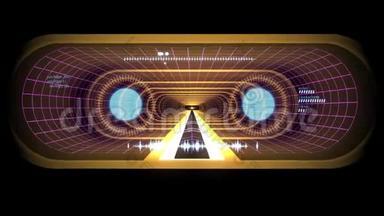 在外飞行通过VR黄色霓虹灯网格蓝灯网络隧道HUD界面运动图形动画