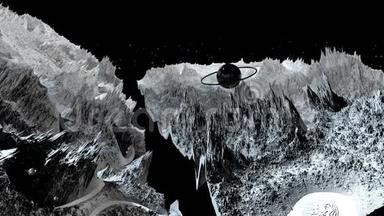 宇宙景观的三维渲染作为背景或环境。 从太空飞船上看到的行星非常详细