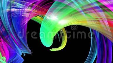 五颜六色的彩虹条纹在一个圆形的队形中扭曲，在一个圆圈中移动。 无缝创意背景，循环三维平滑