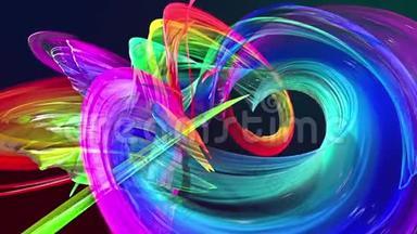 五颜六色的彩虹条纹在一个圆形的队形中扭曲，在一个圆圈中移动。 无缝<strong>创意背景</strong>，循环三维平滑