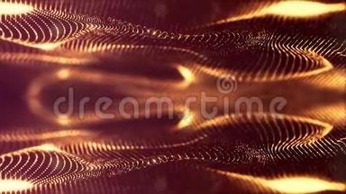金色可循环的抽象粒子背景，具有景深，灯光和数字元素的闪光。 波浪