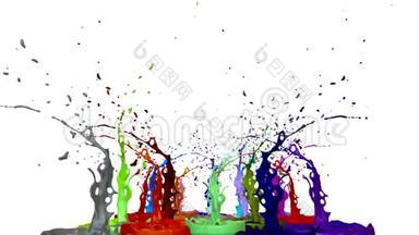 三维动画的油漆溅在一个音乐扬声器播放音乐。 三维液体飞溅。 油漆<strong>反弹</strong>4k白色