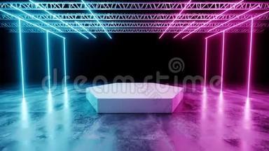 黑暗现代科幻未来霓虹灯发光蓝色和紫色灯管白色俱乐部舞台