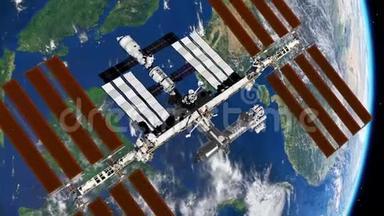 国际空间站国际空间站围绕<strong>地球</strong>大气层旋转。 <strong>太空</strong>站轨道<strong>地球</strong>。 3D动画。