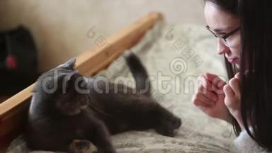 一个年轻的女孩正在<strong>抚摸</strong>躺在床上的一只灰色的猫。 一个年轻漂亮的女孩<strong>抚摸</strong>她心爱的猫。