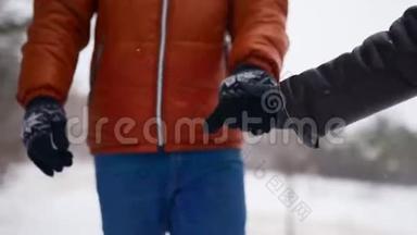 亲密的情侣在雪地上的公园里牵手散步。 男人跟着他的伴侣，享受雪