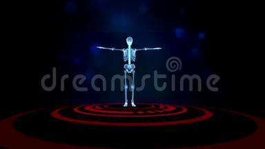 3D人类骨架打开虚拟投影的红色Hud替罪羊在黑色背景上，蓝色的bokeh流动起来。