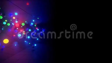 3D抽象<strong>创意动画</strong>背景与霓虹灯发光多色球体内部相机，反射墙壁。 发光