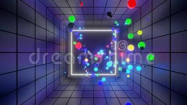 3D抽象<strong>创意动画</strong>背景与霓虹灯发光多色球体内部相机，反射墙壁。 发光