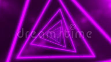 抽象背景与<strong>霓虹</strong>灯三角形，循环动画形成隧道。 紫色<strong>线条</strong>。 CG动画三维渲染